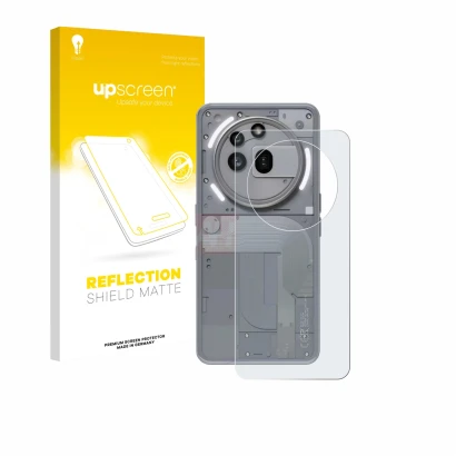 Vorderseite einer Produktverpackung mit dem Markenlogo upscreen. Daneben ist das Gerät Nothing Phone (3a) Pro (Rückseite) mit