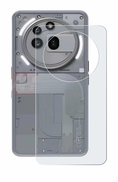 Abbildung des Geräts Nothing Phone (3a) Pro (Rückseite) mit einer Vielzahl des Displayschutzes.