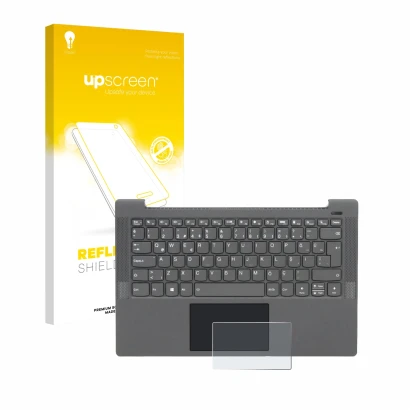Vorderseite einer Produktverpackung mit dem Markenlogo upscreen. Daneben ist das Gerät Lenovo IdeaPad 5 14ALC05 Touchpad mit d