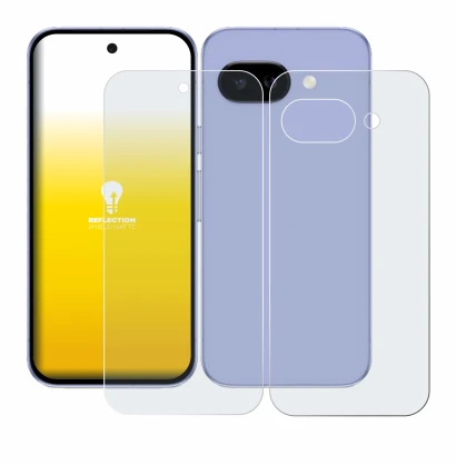 Abbildung des Geräts Google Pixel 9a (Display+Rückseite) mit einer Vielzahl des Displayschutzes.