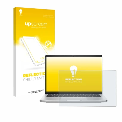 Vorderseite einer Produktverpackung mit dem Markenlogo upscreen. Daneben ist das Gerät Dell Pro 14 Plus PB14250 mit dem zugehö