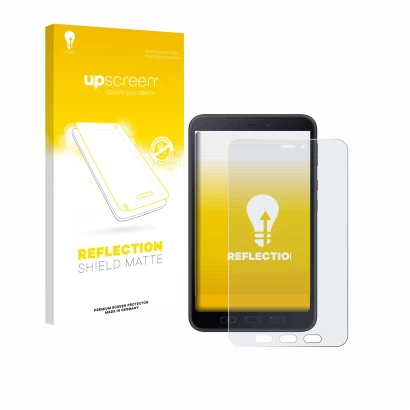 Vorderseite einer Produktverpackung mit dem Markenlogo upscreen. Daneben ist das Gerät Samsung galaxy Tab Active 5 5G Enterpri