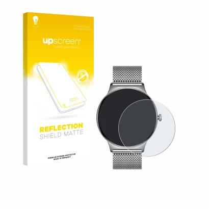 Vorderseite einer Produktverpackung mit dem Markenlogo upscreen. Daneben ist das Gerät Pireware Slim Smartwatch mit dem zugehö