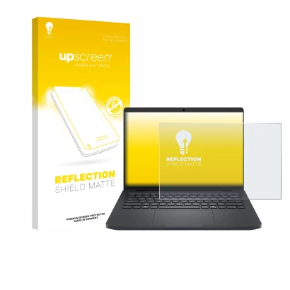 Vorderseite einer Produktverpackung mit dem Markenlogo upscreen. Daneben ist das Gerät Dell Pro Max 14 mit dem zugehörigen Dis