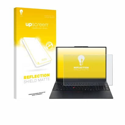 Vorderseite einer Produktverpackung mit dem Markenlogo upscreen. Daneben ist das Gerät Lenovo ThinkPad E16 Gen 3 mit dem zugeh