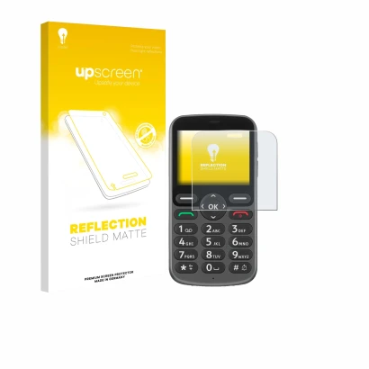 Vorderseite einer Produktverpackung mit dem Markenlogo upscreen. Daneben ist das Gerät Doro 1380 mit dem zugehörigen Displaysc