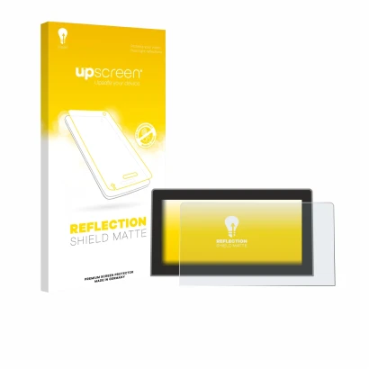 Vorderseite einer Produktverpackung mit dem Markenlogo upscreen. Daneben ist das Gerät Volkswagen Golf MK8.5 12.9" mit dem zug