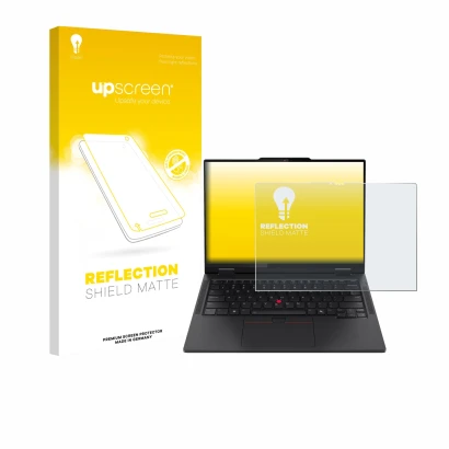 Vorderseite einer Produktverpackung mit dem Markenlogo upscreen. Daneben ist das Gerät Lenovo ThinkPad T14s 2-in-1 mit dem zug