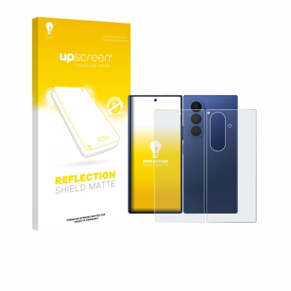 Vorderseite einer Produktverpackung mit dem Markenlogo upscreen. Daneben ist das Gerät Samsung Galaxy Z Fold 7 (Display+Rückse