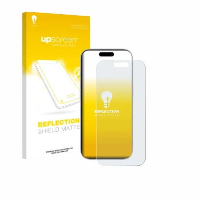 Vorderseite einer Produktverpackung mit dem Markenlogo upscreen. Daneben ist das Gerät Apple iPhone 17 mit dem zugehörigen Dis