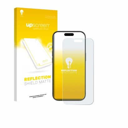 Vorderseite einer Produktverpackung mit dem Markenlogo upscreen. Daneben ist das Gerät Apple iPhone 17 Pro Max mit dem zugehör