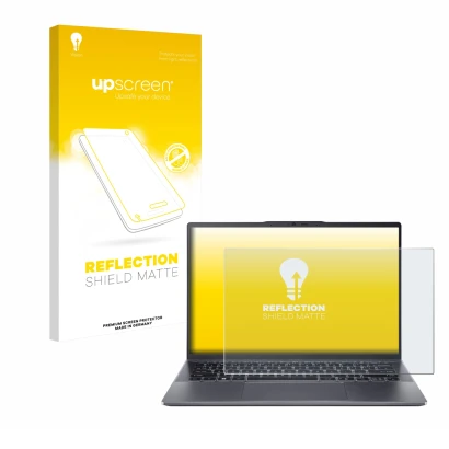 Vorderseite einer Produktverpackung mit dem Markenlogo upscreen. Daneben ist das Gerät Acer Swift Go 14 OLED mit dem zugehörig