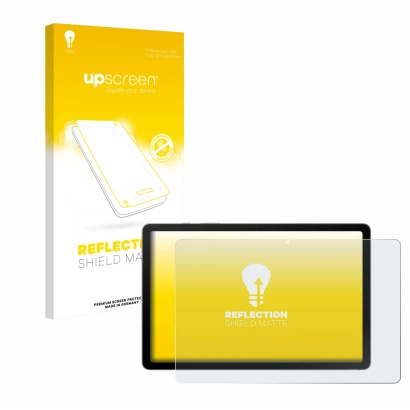 Vorderseite einer Produktverpackung mit dem Markenlogo upscreen. Daneben ist das Gerät Samsung Galaxy Tab S10 Lite mit dem zug