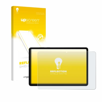 Vorderseite einer Produktverpackung mit dem Markenlogo upscreen. Daneben ist das Gerät Samsung Galaxy Tab S11 mit dem zugehöri