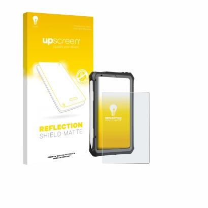 Vorderseite einer Produktverpackung mit dem Markenlogo upscreen. Daneben ist das Gerät Apple iPad Mini 7 2024 (case-friendly) 