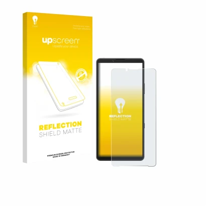 Vorderseite einer Produktverpackung mit dem Markenlogo upscreen. Daneben ist das Gerät Sony Xperia 10 VII mit dem zugehörigen 