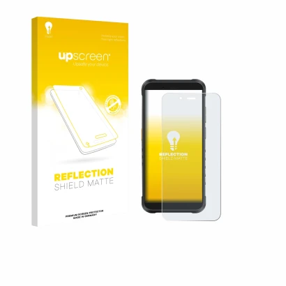 Vorderseite einer Produktverpackung mit dem Markenlogo upscreen. Daneben ist das Gerät Ulefone RugKing mit dem zugehörigen Dis