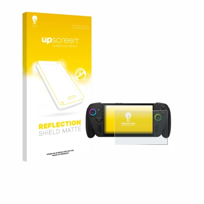 Vorderseite einer Produktverpackung mit dem Markenlogo upscreen. Daneben ist das Gerät ASUS ROG Ally X 2025 mit dem zugehörige