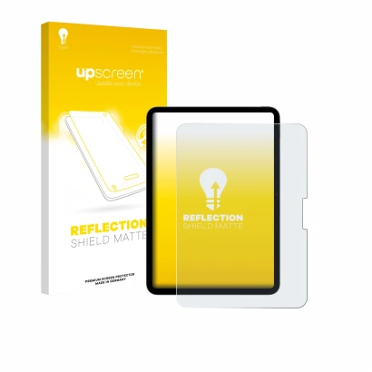 Vorderseite einer Produktverpackung mit dem Markenlogo upscreen. Daneben ist das Gerät Apple iPad Pro 11" 2025 mit dem zugehör