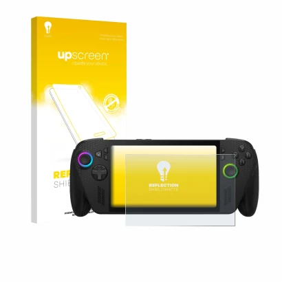 Vorderseite einer Produktverpackung mit dem Markenlogo upscreen. Daneben ist das Gerät ASUS ROG Xbox Ally X mit dem zugehörige