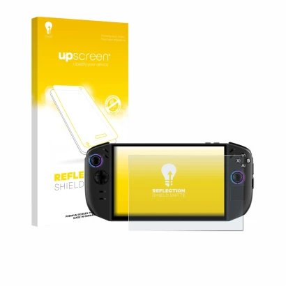 Vorderseite einer Produktverpackung mit dem Markenlogo upscreen. Daneben ist das Gerät Lenovo Legion Go Gen 2 mit dem zugehöri