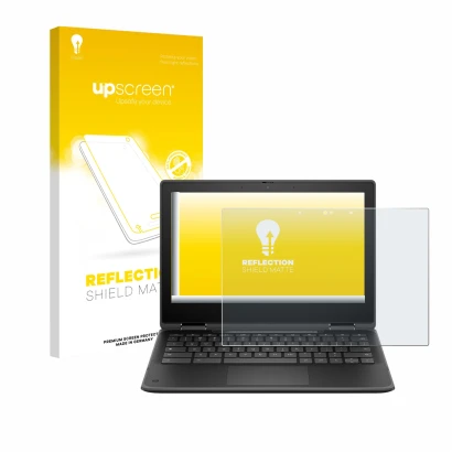 Vorderseite einer Produktverpackung mit dem Markenlogo upscreen. Daneben ist das Gerät HP Fortis Flip G1i 11" mit dem zugehöri