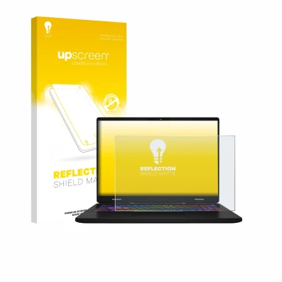 Vorderseite einer Produktverpackung mit dem Markenlogo upscreen. Daneben ist das Gerät MSI Vector 16 HX AI mit dem zugehörigen
