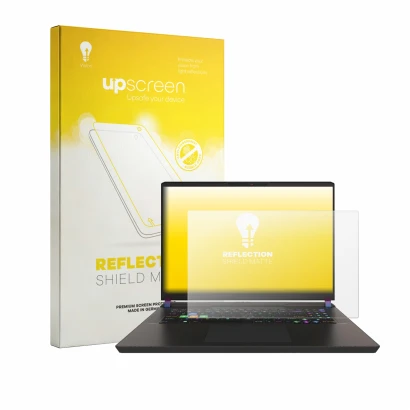 Vorderseite einer Produktverpackung mit dem Markenlogo upscreen. Daneben ist das Gerät MSI Vector 17 HX mit dem zugehörigen Di