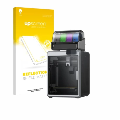 Vorderseite einer Produktverpackung mit dem Markenlogo upscreen. Daneben ist das Gerät Creality K2 mit dem zugehörigen Display