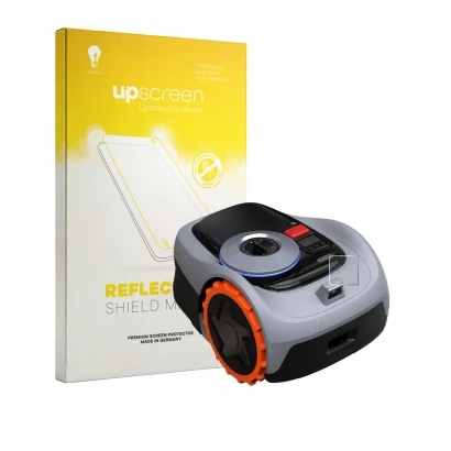 Vorderseite einer Produktverpackung mit dem Markenlogo upscreen. Daneben ist das Gerät Navimow i105E+ mit dem zugehörigen Disp