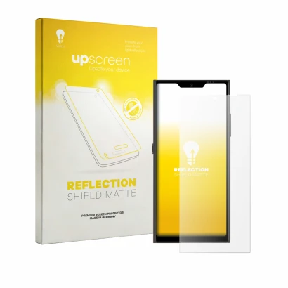 Vorderseite einer Produktverpackung mit dem Markenlogo upscreen. Daneben ist das Gerät Jolla Phone mit dem zugehörigen Display