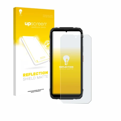 Vorderseite einer Produktverpackung mit dem Markenlogo upscreen. Daneben ist das Gerät Blackview Rock 1 mit dem zugehörigen Di