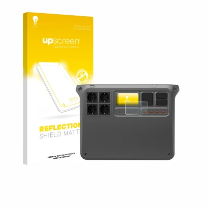Vorderseite einer Produktverpackung mit dem Markenlogo upscreen. Daneben ist das Gerät DJI Power 2000 mit dem zugehörigen Disp