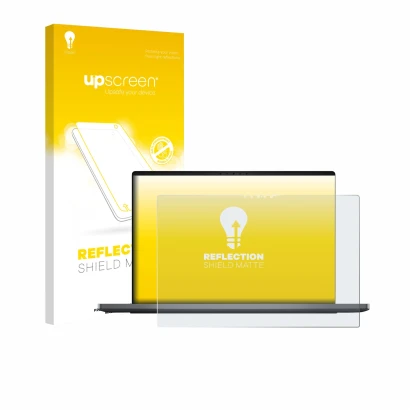 Vorderseite einer Produktverpackung mit dem Markenlogo upscreen. Daneben ist das Gerät Dell XPS 14 DA14260 mit dem zugehörigen