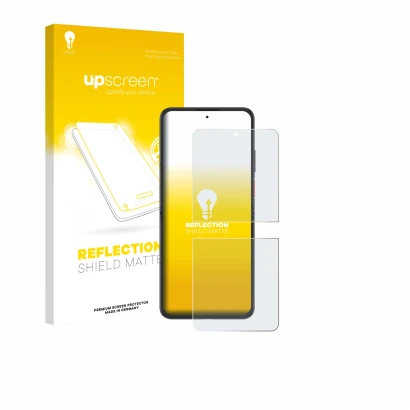 Vorderseite einer Produktverpackung mit dem Markenlogo upscreen. Daneben ist das Gerät Nubia Flip 2 mit dem zugehörigen Displa