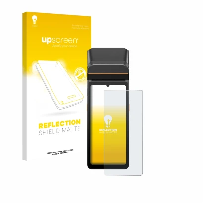 Vorderseite einer Produktverpackung mit dem Markenlogo upscreen. Daneben ist das Gerät Sunmi V3 A13 mit dem zugehörigen Displa