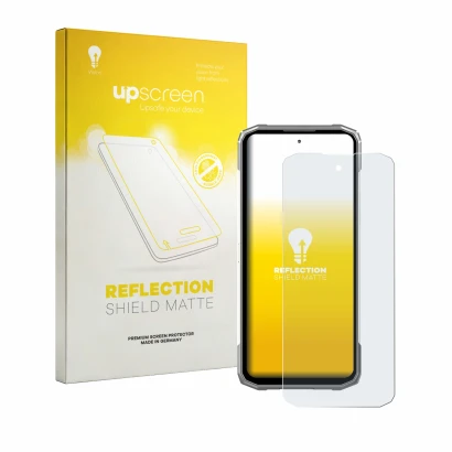 Vorderseite einer Produktverpackung mit dem Markenlogo upscreen. Daneben ist das Gerät Doogee Blade 20 Max mit dem zugehörigen