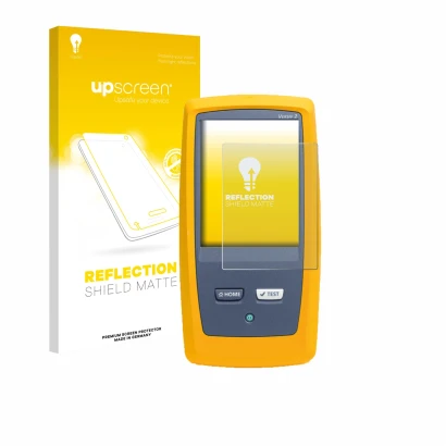 Vorderseite einer Produktverpackung mit dem Markenlogo upscreen. Daneben ist das Gerät Fluke DSX8000 mit dem zugehörigen Displ