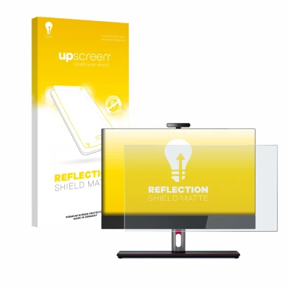 Vorderseite einer Produktverpackung mit dem Markenlogo upscreen. Daneben ist das Gerät Lenovo ThinkCentre M90a Gen 5 23,8" mit