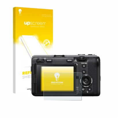 Vorderseite einer Produktverpackung mit dem Markenlogo upscreen. Daneben ist das Gerät Sony FX3A (ILME‑FX3A) mit dem zugehörig