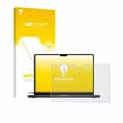 Vorderseite einer Produktverpackung mit dem Markenlogo upscreen. Daneben ist das Gerät Apple MacBook Pro 16" M5 2026 mit dem z