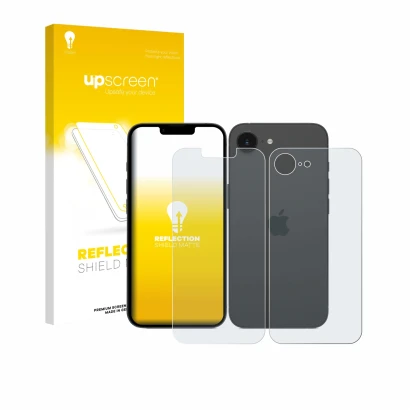 Vorderseite einer Produktverpackung mit dem Markenlogo upscreen. Daneben ist das Gerät Apple iPhone 17e (Display+Rückseite) mi