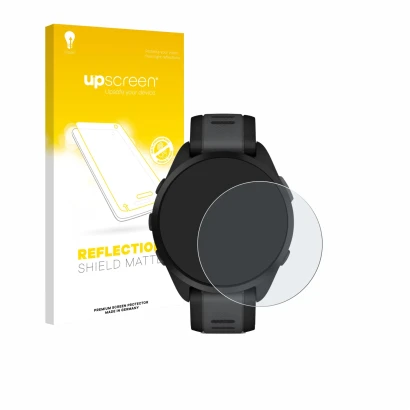 Vorderseite einer Produktverpackung mit dem Markenlogo upscreen. Daneben ist das Gerät Garmin Forerunner 165 Music mit dem zug