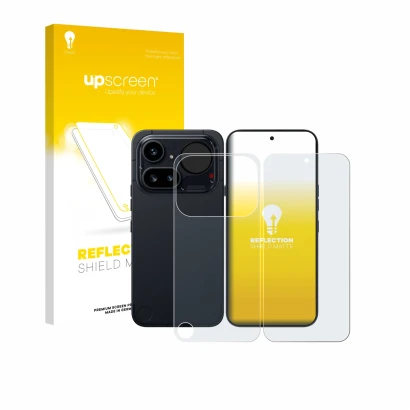 Vorderseite einer Produktverpackung mit dem Markenlogo upscreen. Daneben ist das Gerät Nothing Phone (4a) Pro (Display+Rücksei
