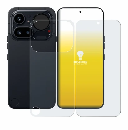 Abbildung des Geräts Nothing Phone (4a) Pro (Display+Rückseite) mit einer Vielzahl des Displayschutzes.