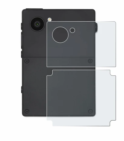 Abbildung des Geräts Light Phone 3 (Rückseite) mit einer Vielzahl des Displayschutzes.