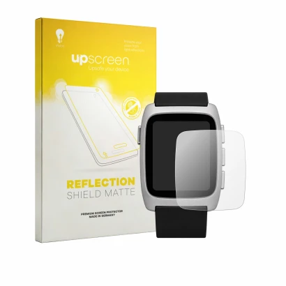 Vorderseite einer Produktverpackung mit dem Markenlogo upscreen. Daneben ist das Gerät Pebble Time 2 2026 mit dem zugehörigen