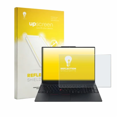 Vorderseite einer Produktverpackung mit dem Markenlogo upscreen. Daneben ist das Gerät Lenovo ThinkPad E16 Gen 4 mit dem zugeh