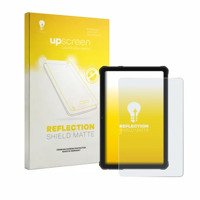 Vorderseite einer Produktverpackung mit dem Markenlogo upscreen. Daneben ist das Gerät Oukitel RT10 mit dem zugehörigen Displa