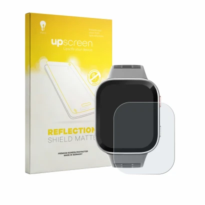 Vorderseite einer Produktverpackung mit dem Markenlogo upscreen. Daneben ist das Gerät Amazfit Bip Max mit dem zugehörigen Dis